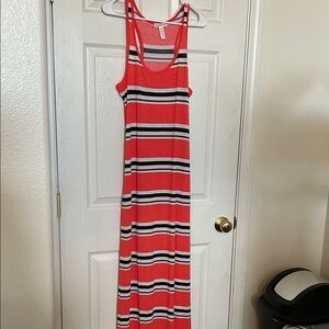 Ambiance Vibrant Coral with Black, White, and Gray Striped Maxi Dress